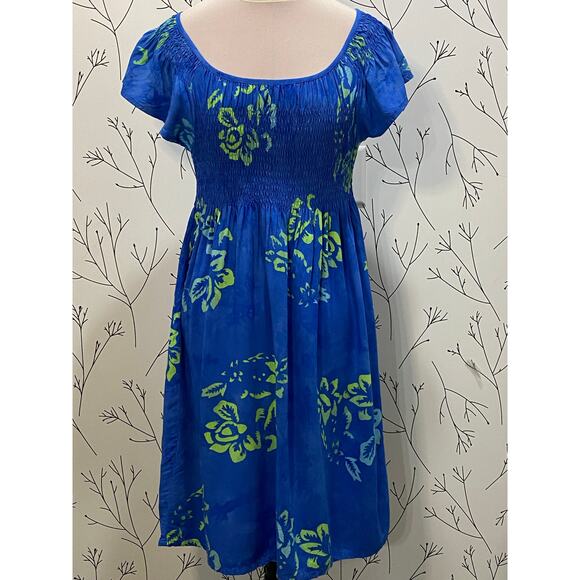 GO FISH Blue Green Tie Dye Batik Hawaiian Smocked Flutter Sleeve Dress SMALL - Picture 2 of 6